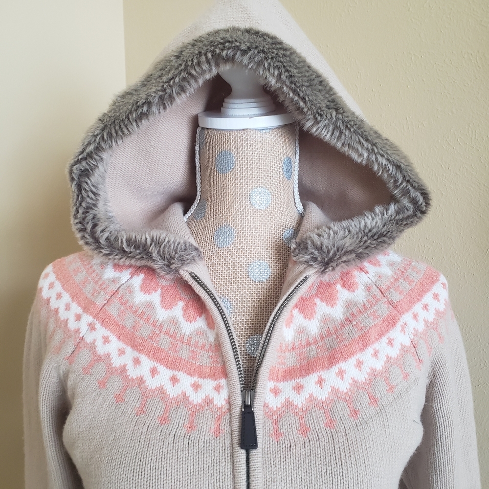 Gap 100% lambswool fairisle zip sweater hood faux fur trim medium tan